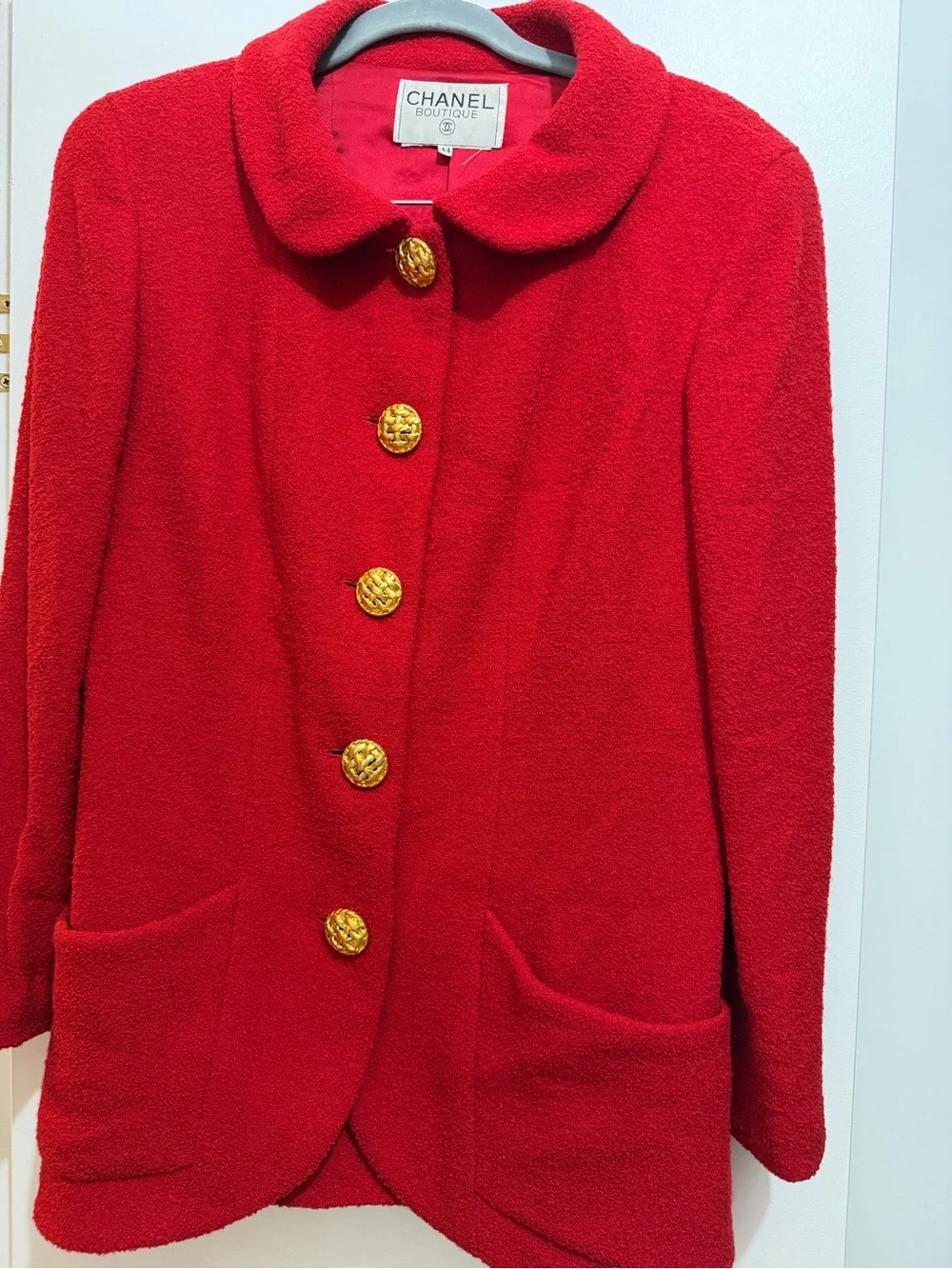 CHANEL Boutique Red Wool Tweed Jacket and Skirt Set with Gold Buttons